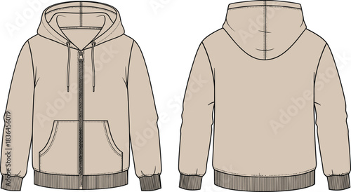 Full-zip beige hoodie technical fashion flat sketch front and back view vector illustration template for apparel mockups
