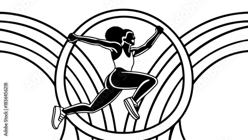 Illustration of a black and white woman running in front of a circle with curved lines as background design mjunaid silhouette