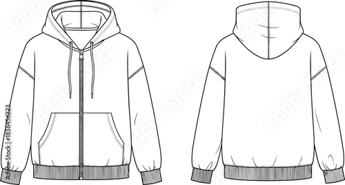 Technical flat sketch of unisex zip-up hoodie with drawstring hood, kangaroo pockets, ribbed cuffs, and hem for apparel design projects