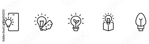Light vector web line icons depicting light bulbs, ideas, innovation, creativity, and illumination for inspired thinking and solutions.