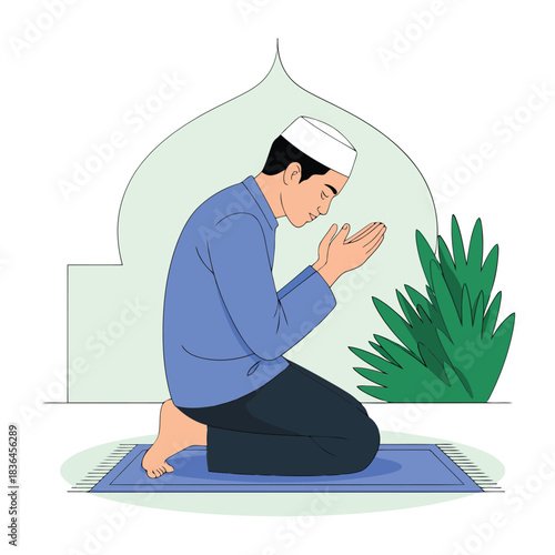 A devout Muslim man kneeling on a prayer mat, raising his hands in supplication and worship, embodying Islamic faith and spirituality