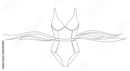 Elegant one piece swimsuit with flowing water waves depicted in minimalist continuous line art style on white background