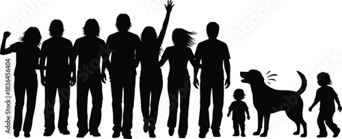 Silhouette group of people standing together, children and dog walking, community unity concept illustration for family crowd teamwork themes