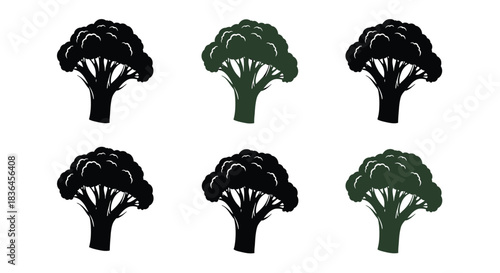 Collection of six stylized broccoli silhouettes in black and dark green on a white background representing healthy food and nutrition