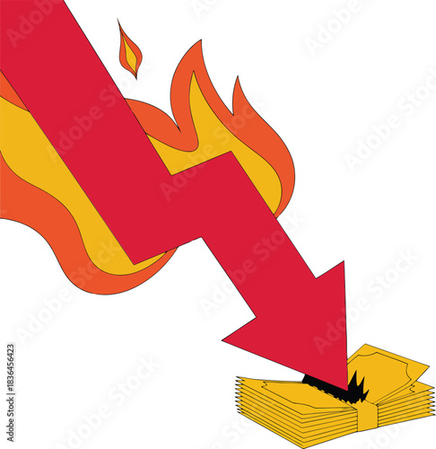 Economic downturn A burning arrow crashes into money, symbolizing financial crisis, losses, and devaluation, highlighting the severity