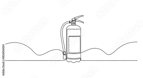 Minimalist continuous line drawing of a fire extinguisher standing on a wavy ground line against a white background