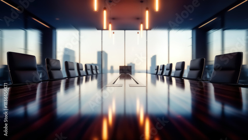 Modern and luxurious boardroom with dark wood table and leather chairs, featuring large windows overlooking a city skyline at dusk with dramatic lighting
