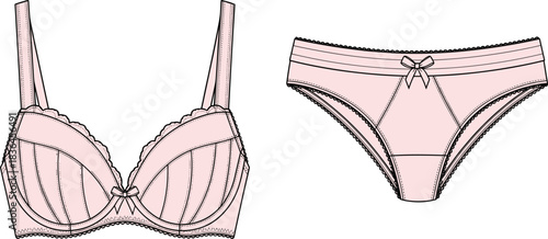 Flirty Pale Pink Lingerie Set Flat Technical Drawing Classic Underwire Bra and Matching Bikini Panty with Scalloped Lace and Decorative Bows