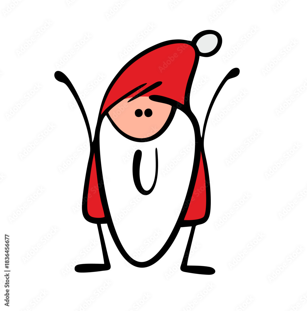 Obraz premium Santa Claus is delighted to welcome the guests. Vector illustration of stickman raised his arms, wants to hug for Christmas. Isolated character on white background.