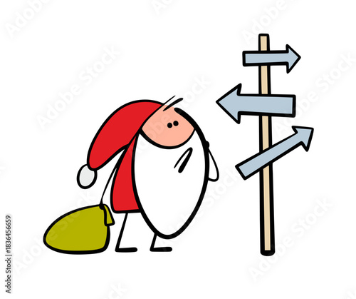 Confused, Santa Claus stands at an intersection, looking at a road sign and wondering where to go. Vector illustration of a dwarf with a bag of gifts and arrow pointers on the way. 