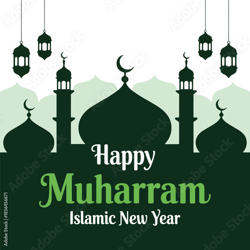 Happy Islamic New Year Muharram Greetings with Mosque Silhouette and Lanterns Vector Illustration