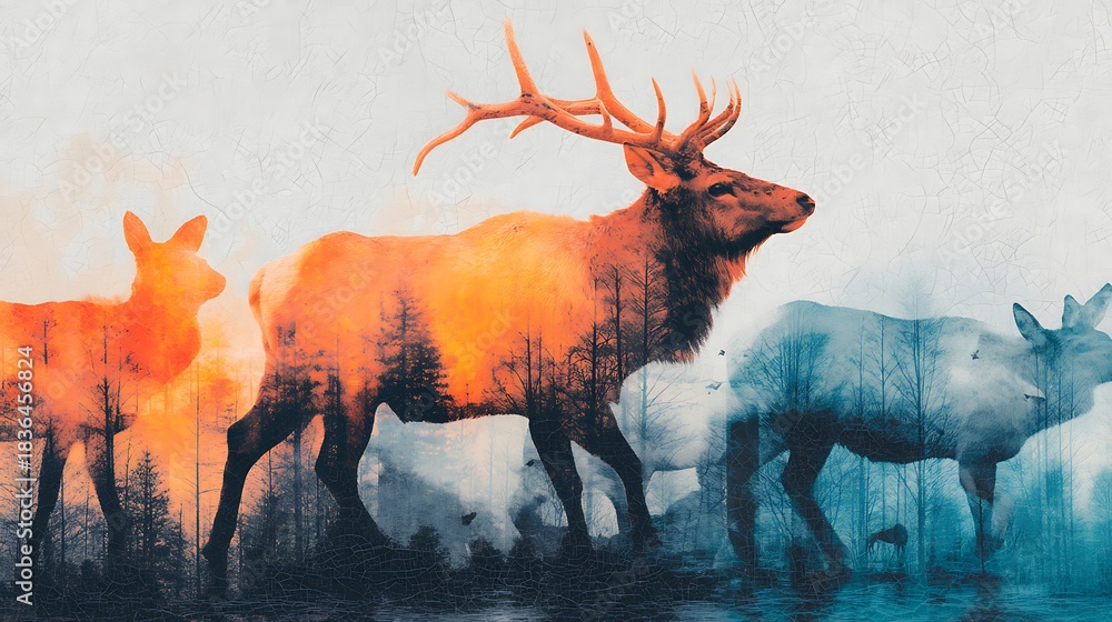 Naklejka premium A stunning artistic representation featuring silhouettes of deer and elk, blending with vibrant colors and forest imagery.
