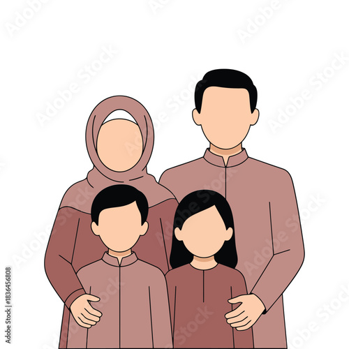 Modern flat illustration portraying a happy Muslim family of four, emphasizing unity, love, and cultural togetherness, perfect for diverse family themes and representation