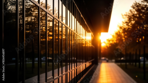 Dramatic sunset light reflecting on the glass facade of a modern office building exterior with dark vertical mullions creating strong lines along a paved walkway