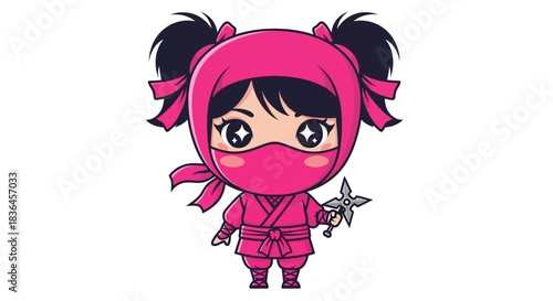 Fearless Warrior: A charming illustration depicts a female ninja, clad in a vibrant pink attire, holding a sharp shuriken, ready for action, conveying both strength and cuteness.