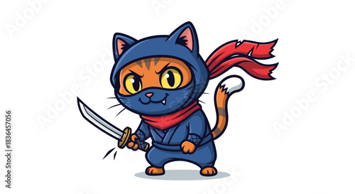 Ninja Cat Ready for Action: This image shows an adorable cat dressed as a ninja, brandishing a sword, ready for action! The cartoon cat exudes a sense of playful confidence.