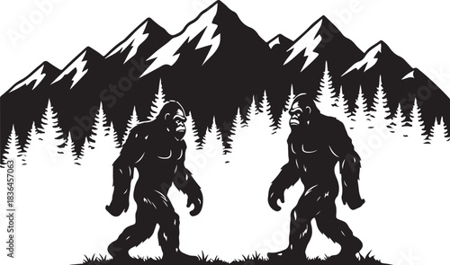 Bigfoot, Sasquatch, Yeti, Bigfoot silhouette, Mountain silhouette, Black silhouette art, Cryptid, Cryptozoology, Forest creature, Wilderness art, Adventure design, Outdoor lover, Hiking gift, Camper g