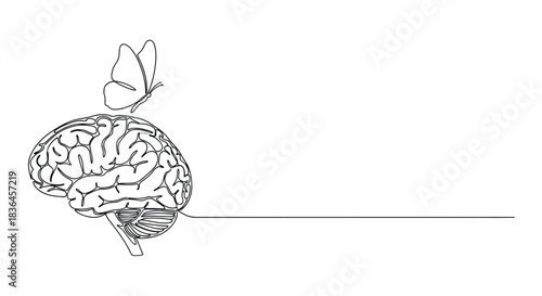 Single line drawing of a human brain with a butterfly landing on top symbolizing creativity and thought