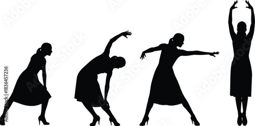 Silhouette sequence of woman stretching and dancing in graceful motion poses, elegant female workout positions isolated on white background
