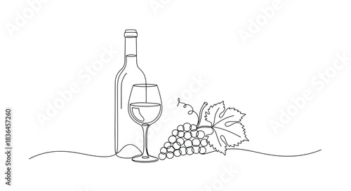 Elegant single line drawing of a wine bottle a glass filled with wine and a bunch of grapes with leaves
