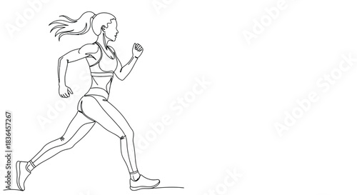 Continuous line drawing of a fit woman in athletic wear running with her hair flowing dynamically against a clean white background