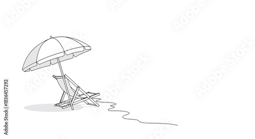 Minimalist line art drawing of a beach chair and umbrella casting a shadow on a white background with a wavy line extending outwards