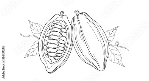 Detailed outline illustration of a whole cocoa pod and a halved cocoa pod showing beans and pulp with leaves