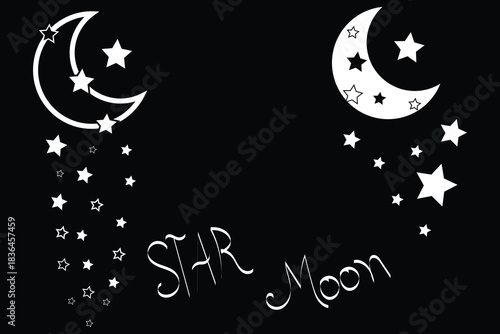  “crescent moon and stars minimalist illustration”,
 “black and white celestial moon star design” ,“simple night sky moon with scattered stars”