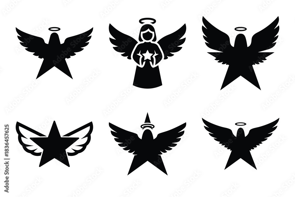Fototapeta premium Christmas angel star icon set. Vector illustration of silhouette icons.