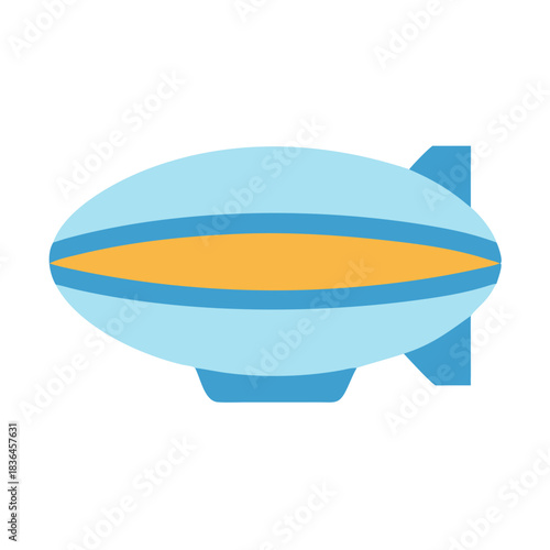 Blue and yellow cartoon style blimp floating in dark sky