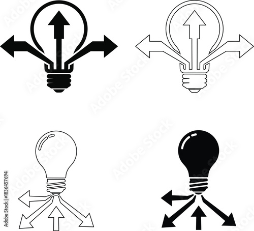 Light Bulb with Arrows Vector Icons – Idea Distribution and Strategic Direction Symbols