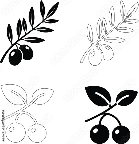 Olive Branch and Cherry Fruit Vector Icons – Nature and Healthy Food Symbols