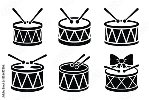 Christmas drum icon set. Vector illustration of silhouette icons.