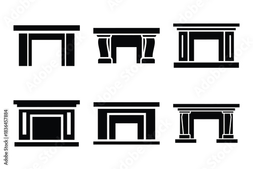 Christmas fireplace mantle icon set. Vector illustration of silhouette icons.