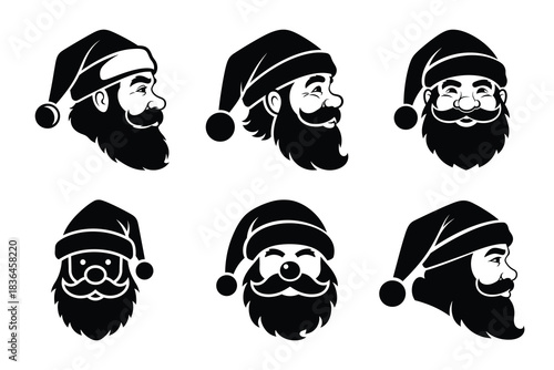 Christmas jolly santa head icon set. Vector illustration of silhouette icons.