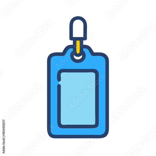 Blue ID badge illustration with black background and yellow accent