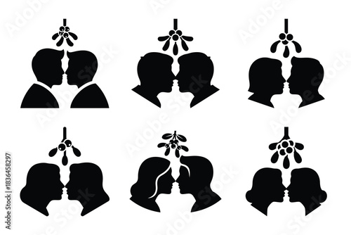 Christmas mistletoe kiss icon set. Vector illustration of silhouette icons.
