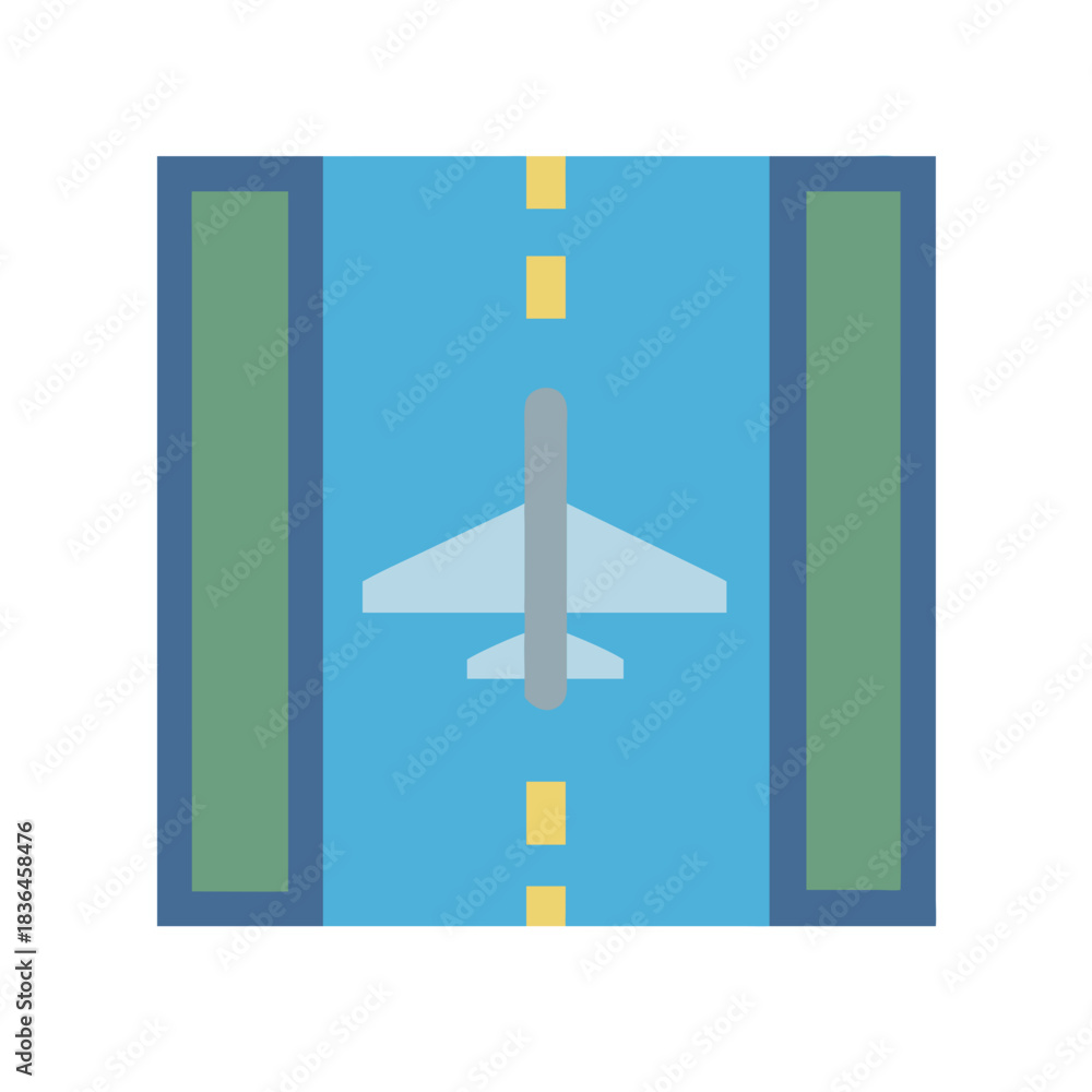 Fototapeta premium Flat airplane icon on runway with blue background