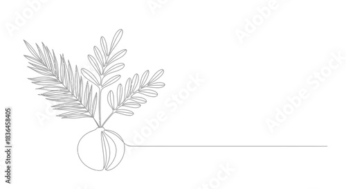 Minimalist single line drawing of palm fronds emerging from a round vase against a clean white background