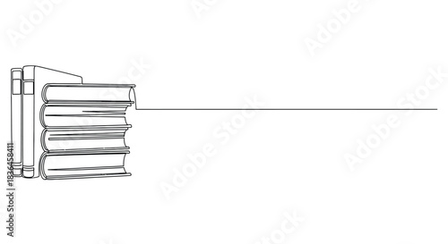 Minimalist continuous line drawing of a stack of books with a long horizontal line extending to the right on a white background