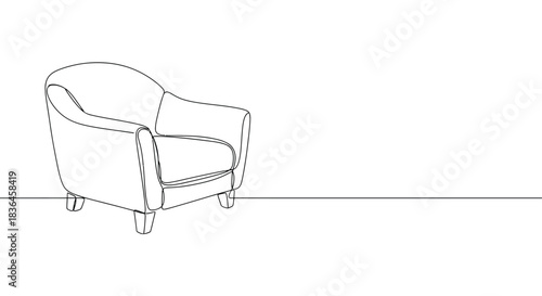 Minimalist single line drawing of a comfortable armchair with plush cushions and short wooden legs on a white background