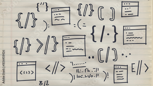 Hand-drawn coding symbols and brackets a doodle style illustration for software development and programming concepts isolated on paper background