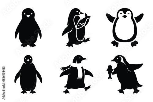 Christmas penguin winter fun icon set. Vector illustration of silhouette icons.