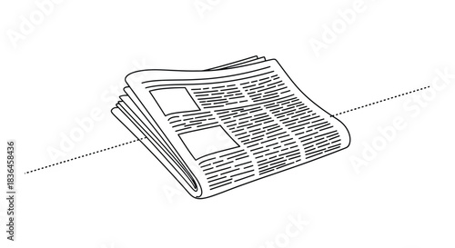 A folded newspaper with text and images is depicted in a simple line art illustration on a white background with a dotted line crossing it