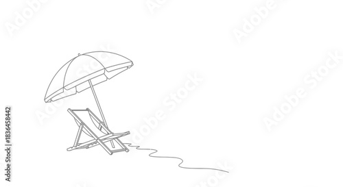 Minimalist line art illustration of a beach chair and umbrella on a white background representing a peaceful vacation scene
