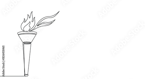 Single continuous line drawing of a classic olympic torch with a bright flame burning and flickering upwards on a white background