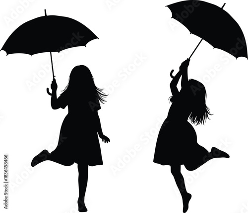 Silhouettes of playful girls holding umbrellas, jumping and dancing in motion, symbolizing childhood joy, freedom, imagination, and rainy-day fun