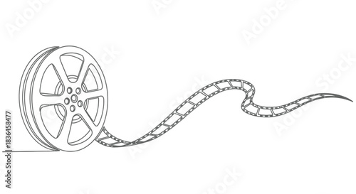 Classic film reel with a wavy strip of movie film unspooling against a clean white background in a minimalist line art style