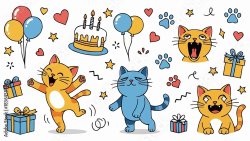 Cute Cartoon Cats Celebrating Birthday Party with Gifts and Balloons.