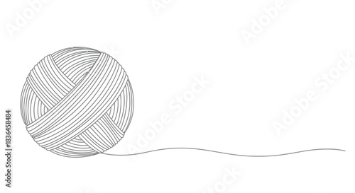 A simple minimalist line art illustration of a gray ball of yarn with a single thread unwinding into a gentle wave on a white background